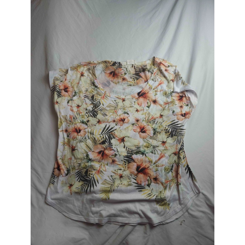 Ember Shirt Top Womens Large White Floral Short Sleeve Scoop Neck Casual Stretch